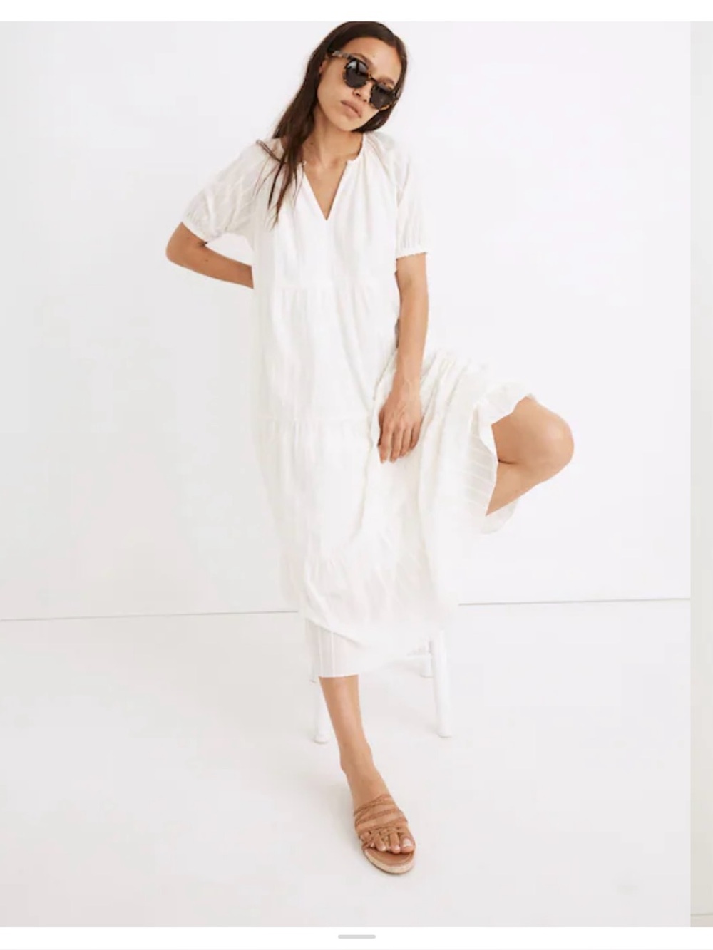 Madewell Bubble Sleeve Tiered Prairie Midi Dress in Textural Stripe SZ Small